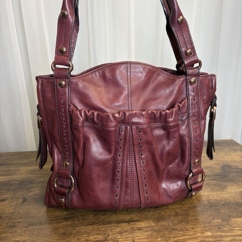 B. Makowsky Burgundy Soft Genuine Leather Shoulder Handbag Hobo Boho Bag Purse